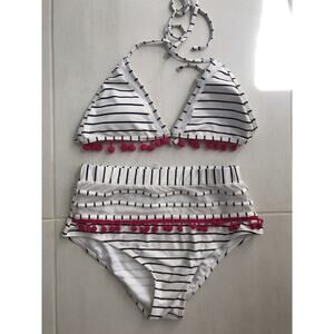 No Brand Striped Mesh Pom Pom Padded Bikini Swimwear